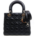 Dior Lady Dior Handbag 2-Way Leather Black Silver