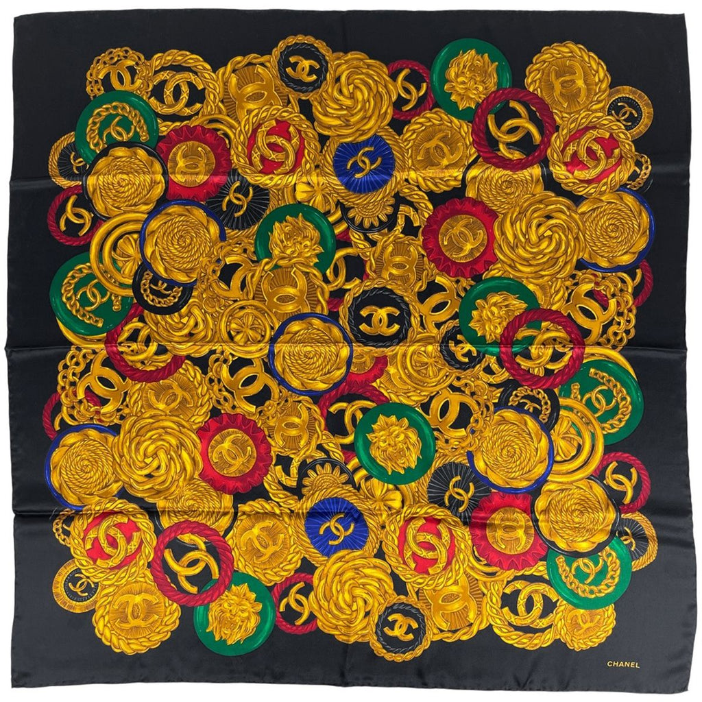 Chanel CC Logo Scarf Camellia Silk Black Multicolor