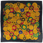 Chanel CC Logo Scarf Camellia Silk Black Multicolor