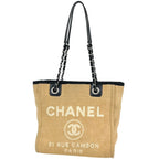 Chanel Deauville Chain Tote CC Logo PM Canvas Beige