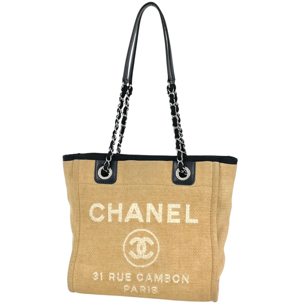 Chanel Deauville Chain Tote CC Logo PM Canvas Beige