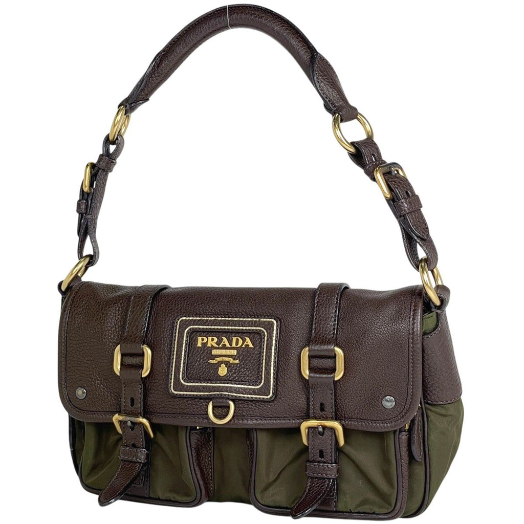 Prada Logo Shoulder Bag Khaki Nylon Green Beige