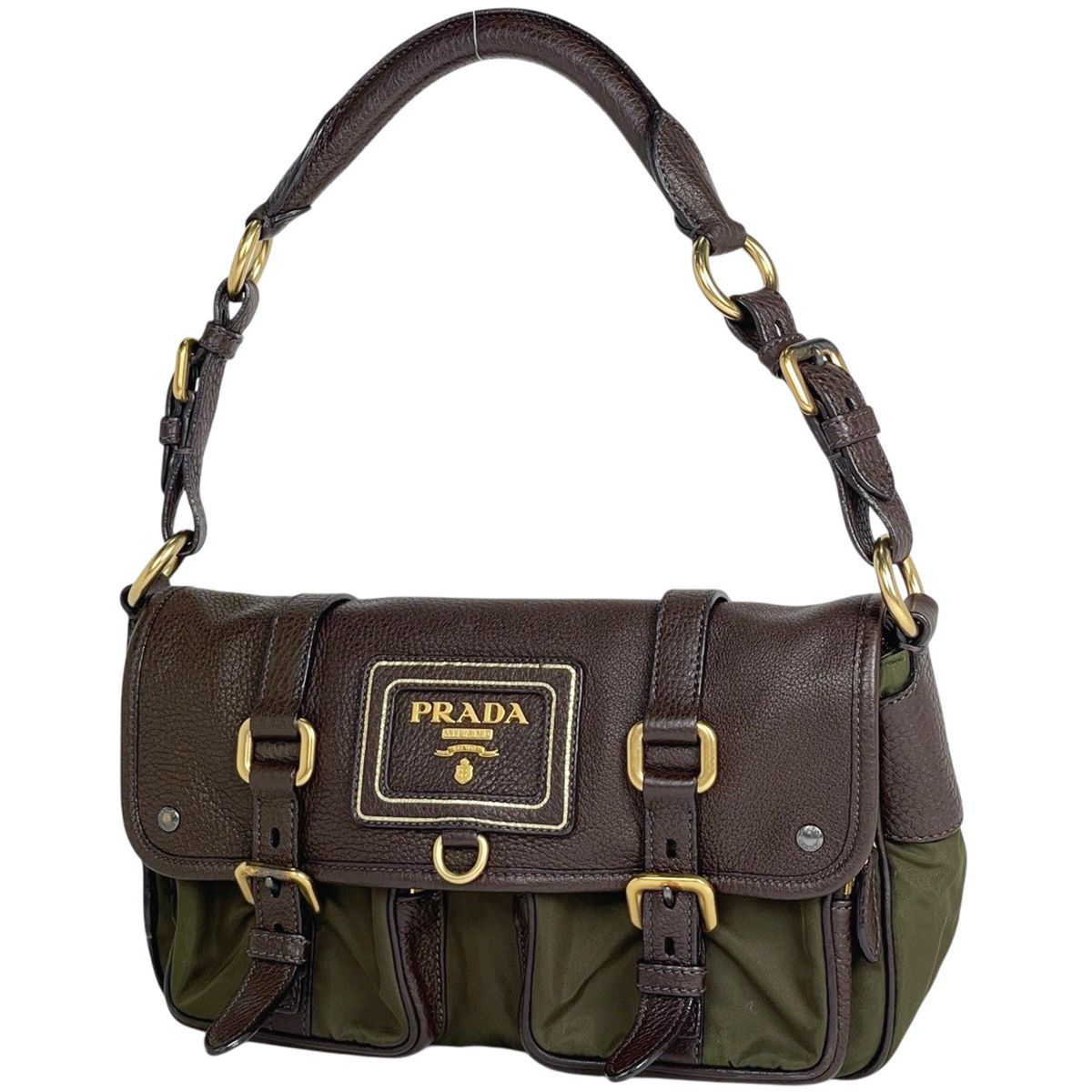 Prada Logo Shoulder Bag Khaki Nylon Green Beige