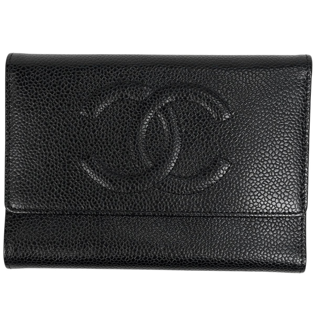 Chanel CC Logo Trifold Wallet Caviar Leather Black
