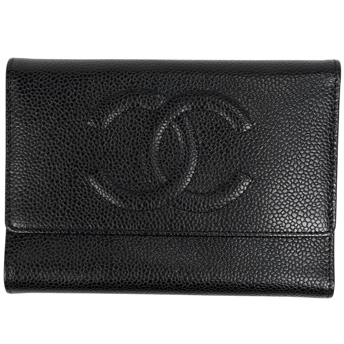 Chanel CC Logo Trifold Wallet Caviar Leather Black