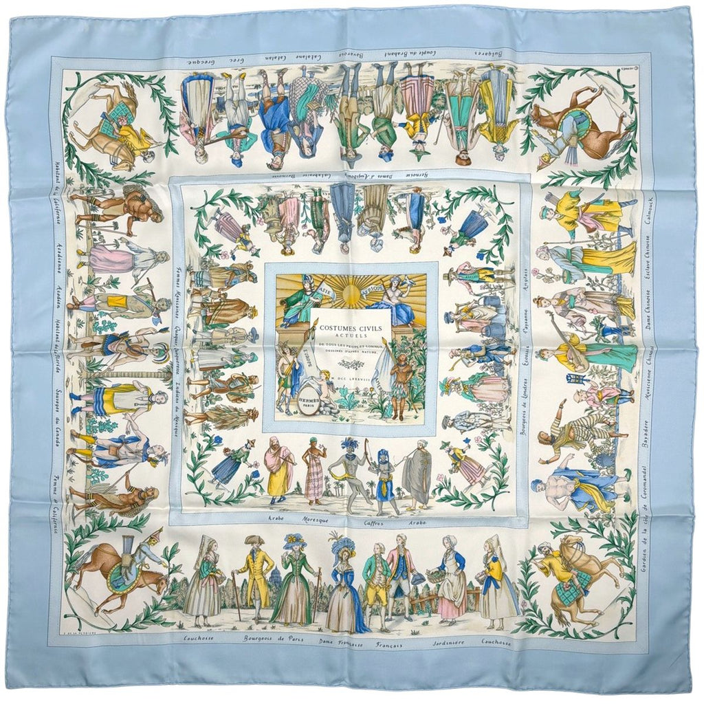 Hermes Carre 90 Costumes Civils Actuels Modern Citizen Scarf Silk Blue Multicolo