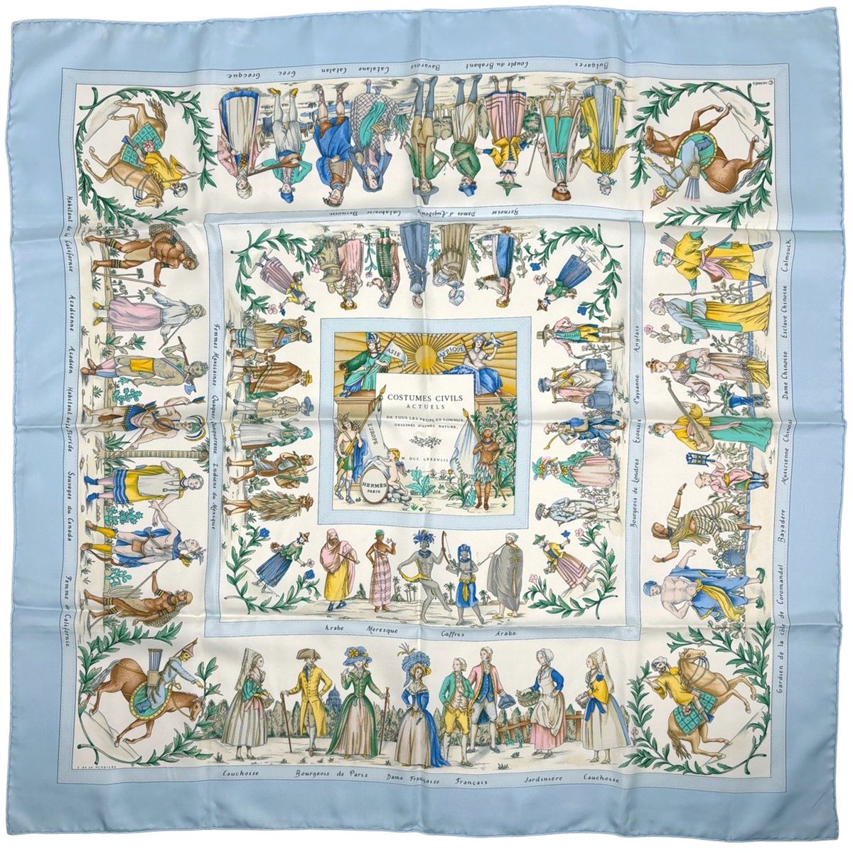 Hermes Carre 90 Costumes Civils Actuels Modern Citizen Scarf Silk Blue Multicolo