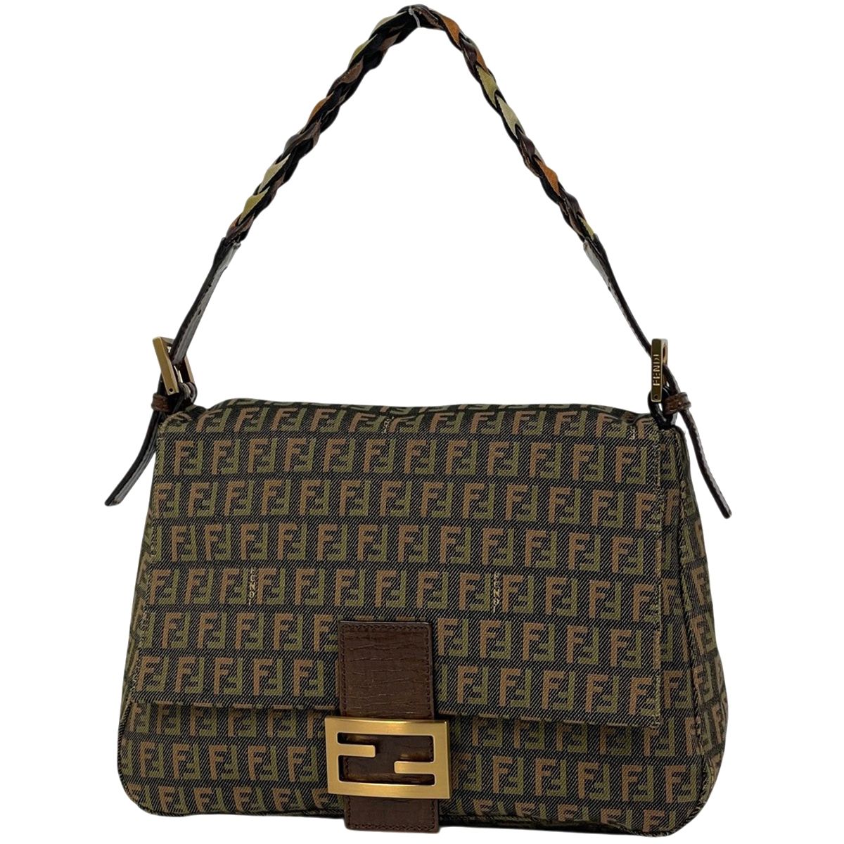 Fendi Zucchino Pattern Shoulder Bag Mamma Baguette Canvas Green Brown