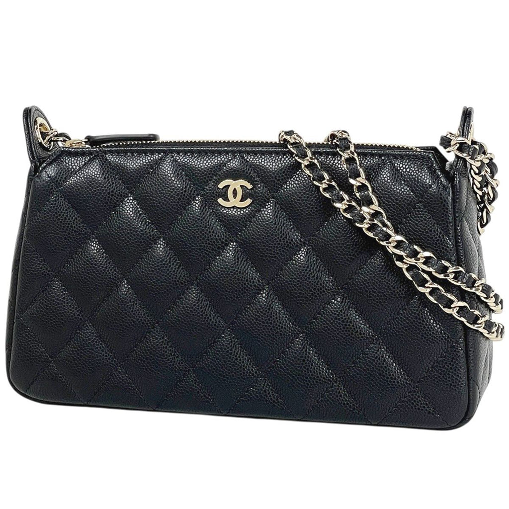 Chanel CC Logo Chain Shoulder Bag Quilted Caviar Leather Black
