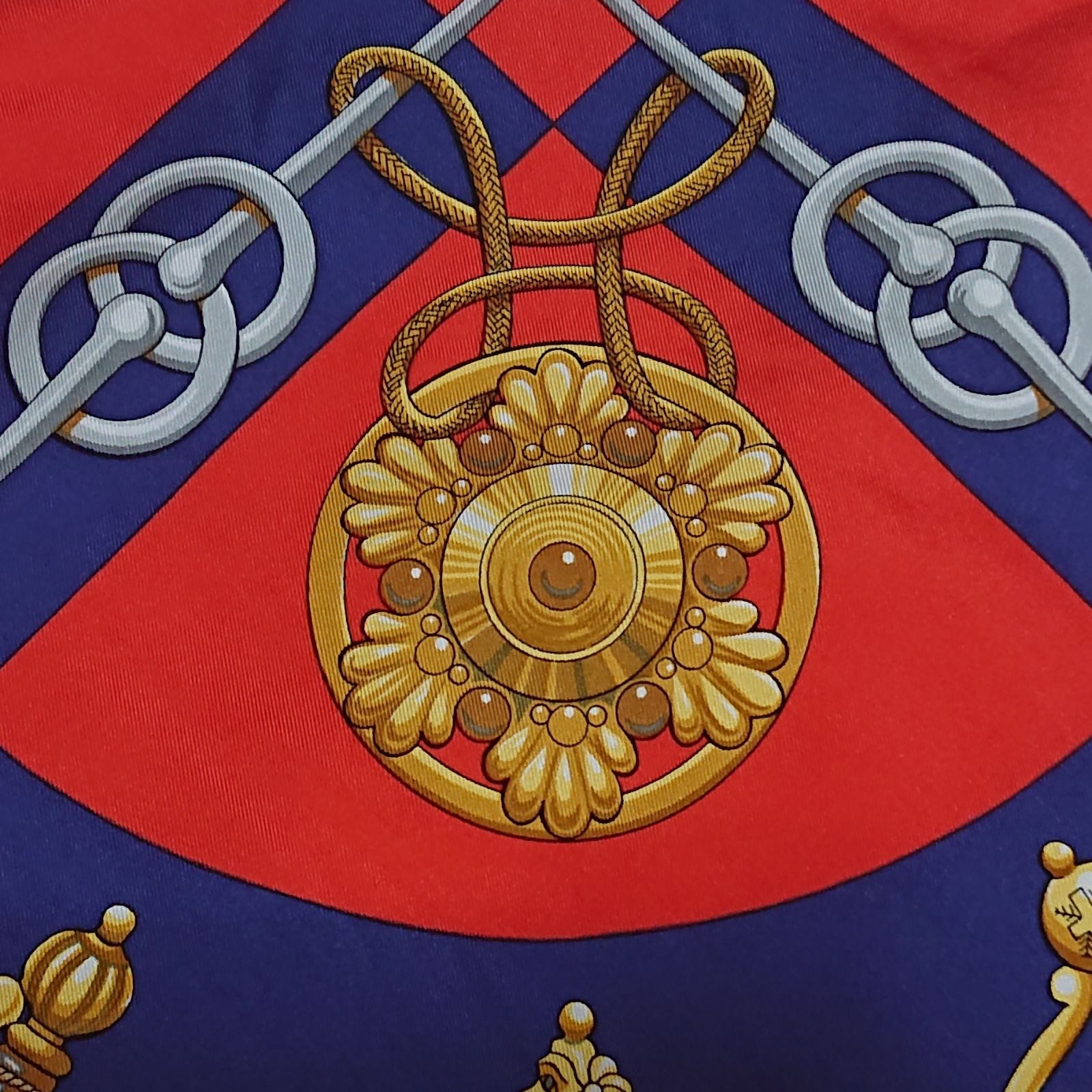 Hermes Carre 90 Cliquetis Silk Scarf Red Navy Gold — view 9