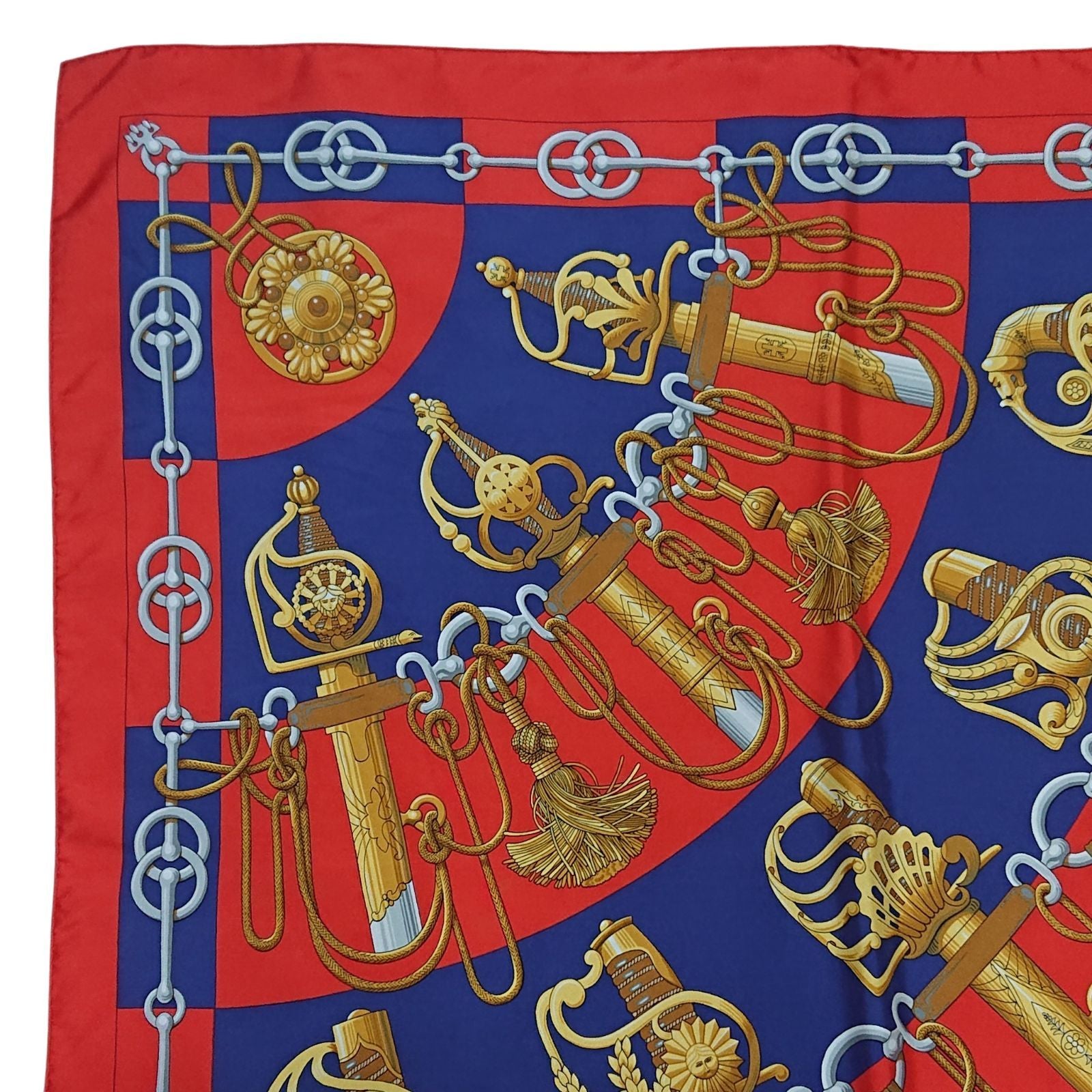 Hermes Carre 90 Cliquetis Silk Scarf Red Navy Gold — view 4