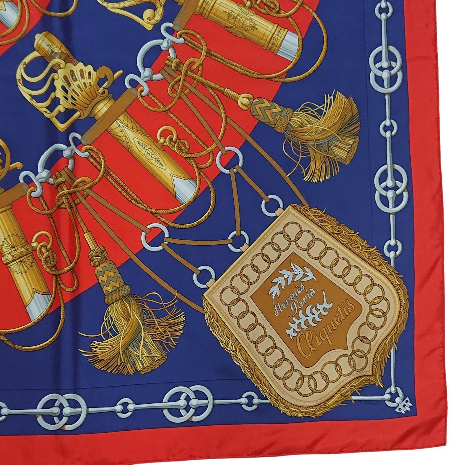 Hermes Carre 90 Cliquetis Silk Scarf Red Navy Gold — view 3