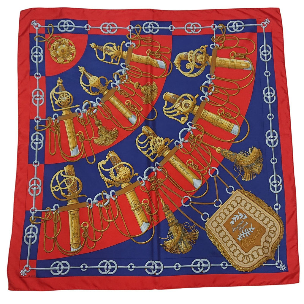 Hermes Carre 90 Cliquetis Silk Scarf Red Navy Gold