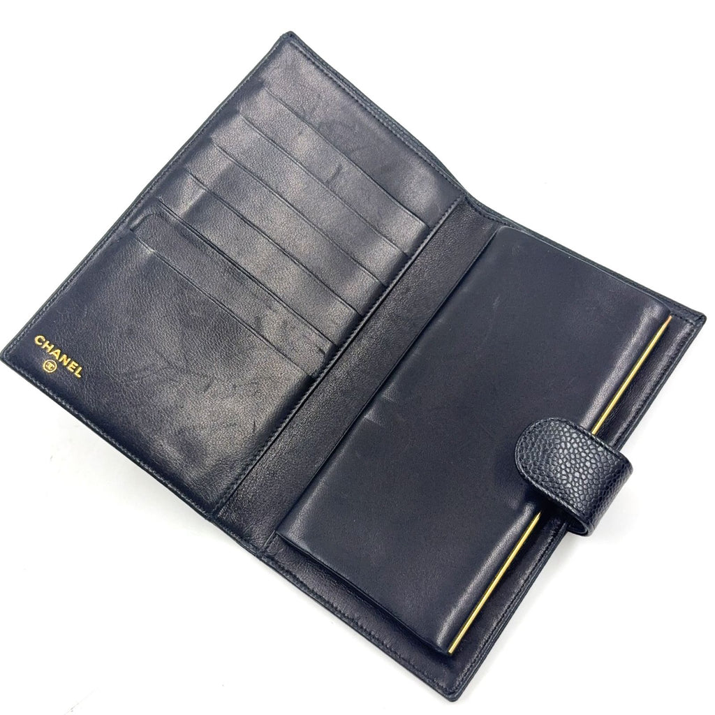 Chanel CC Logo Caviar Leather Black Bifold Wallet Gold — view 3