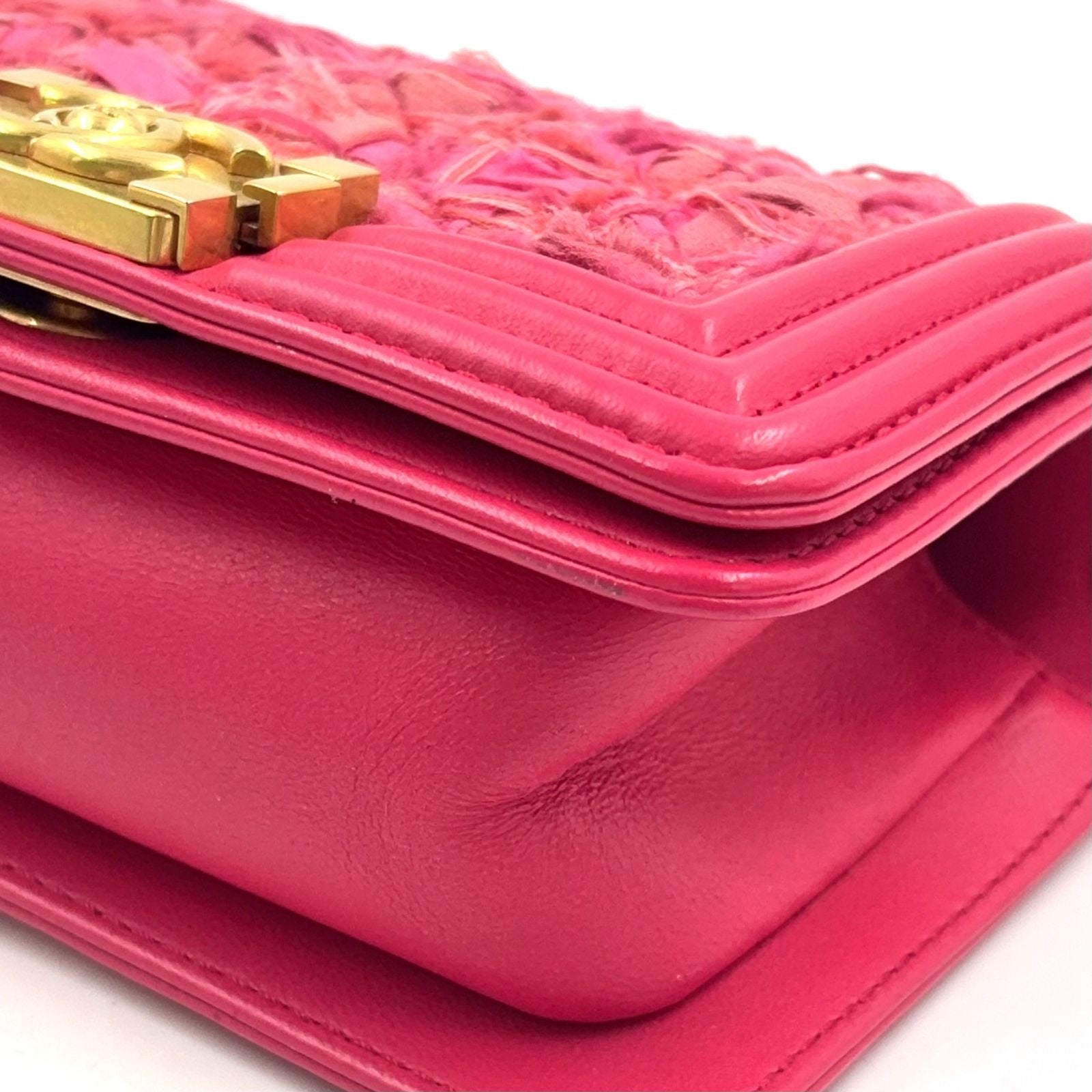 Chanel Boy Small Tweed Lambskin Pink Chain Shoulder Bag Gold — view 6