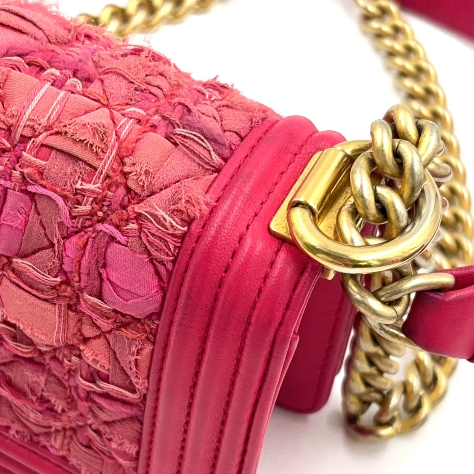 Chanel Boy Small Tweed Lambskin Pink Chain Shoulder Bag Gold — view 9
