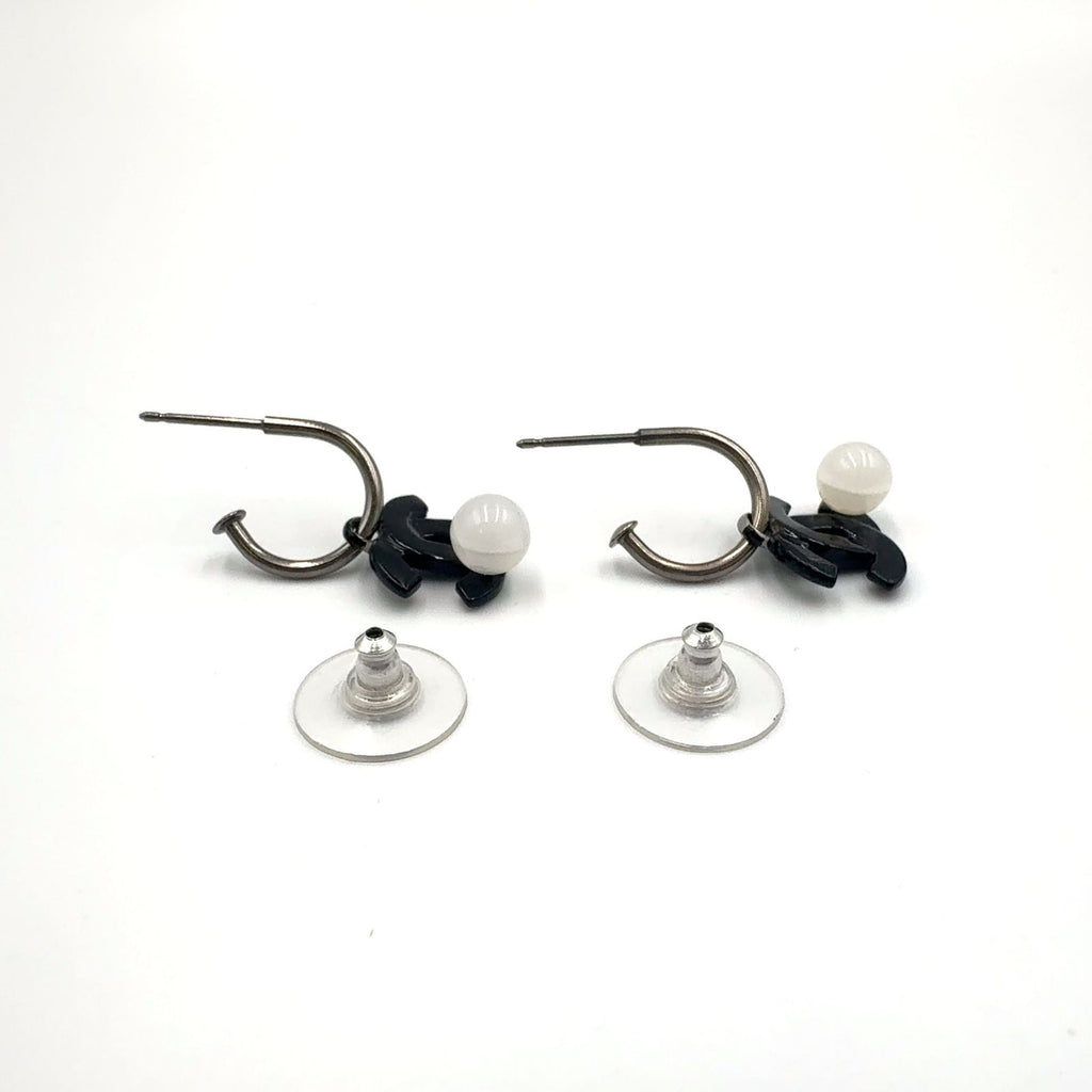 Chanel CC Logo Swing Metal Faux Pearl Plastic Silver Black White Earrings — view 7