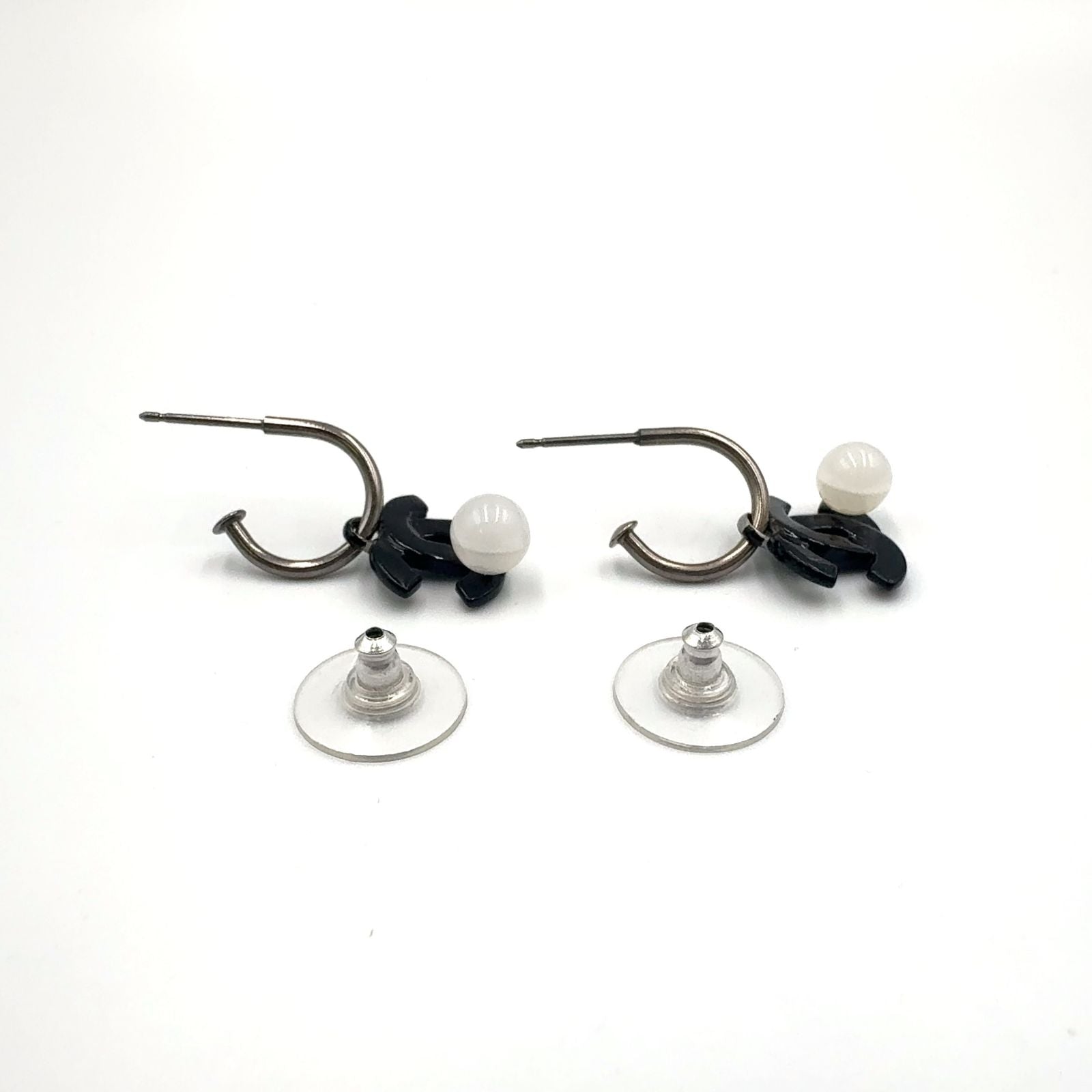 Chanel CC Logo Swing Metal Faux Pearl Plastic Silver Black White Earrings — view 7