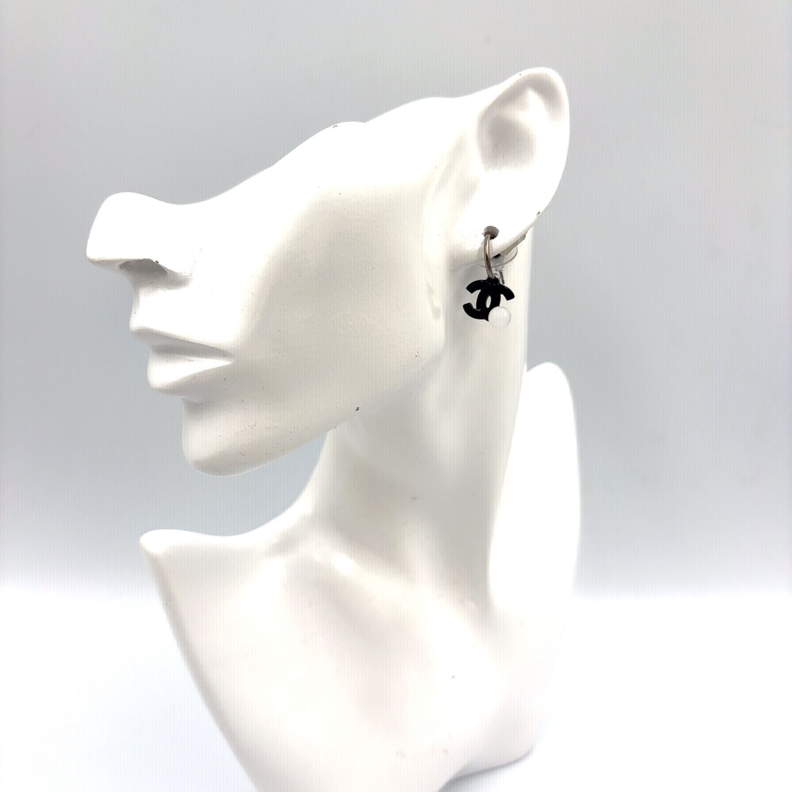 Chanel CC Logo Swing Metal Faux Pearl Plastic Silver Black White Earrings — view 9