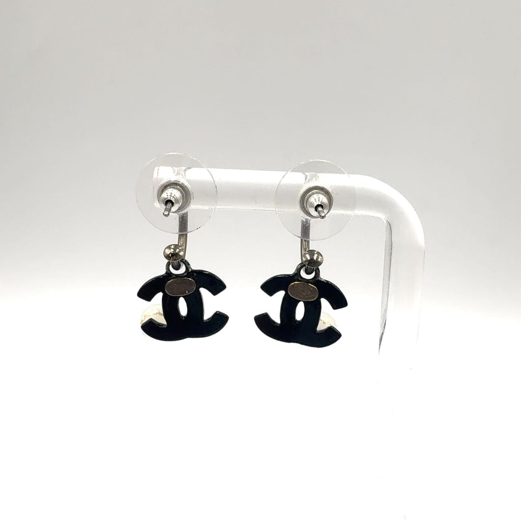 Chanel CC Logo Swing Metal Faux Pearl Plastic Silver Black White Earrings — view 3