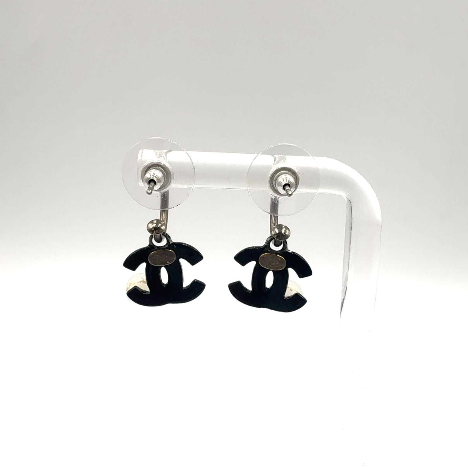 Chanel CC Logo Swing Metal Faux Pearl Plastic Silver Black White Earrings — view 3