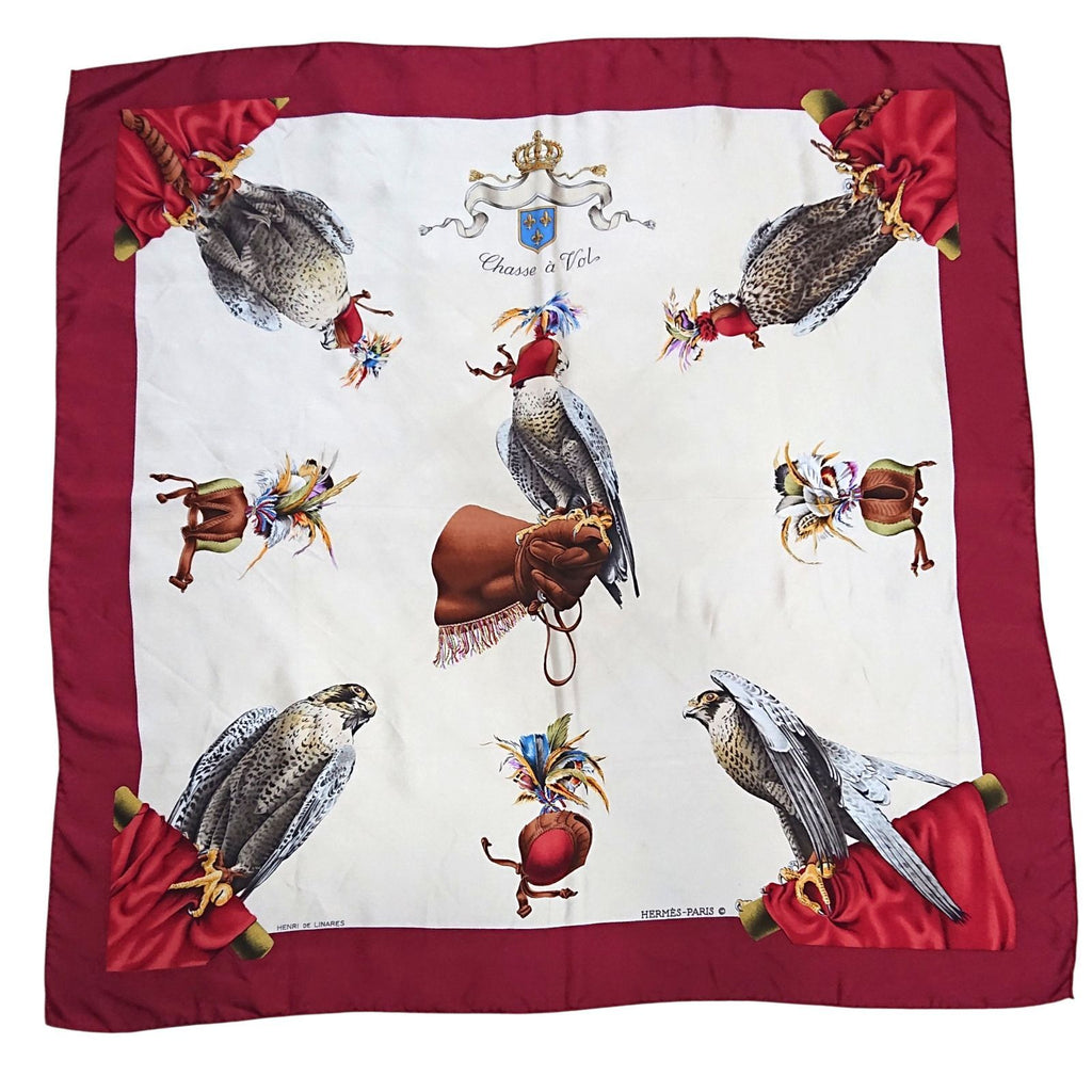 Hermes Carre 90 Chasse a Vol Hawk Print Silk Scarf Bordeaux White