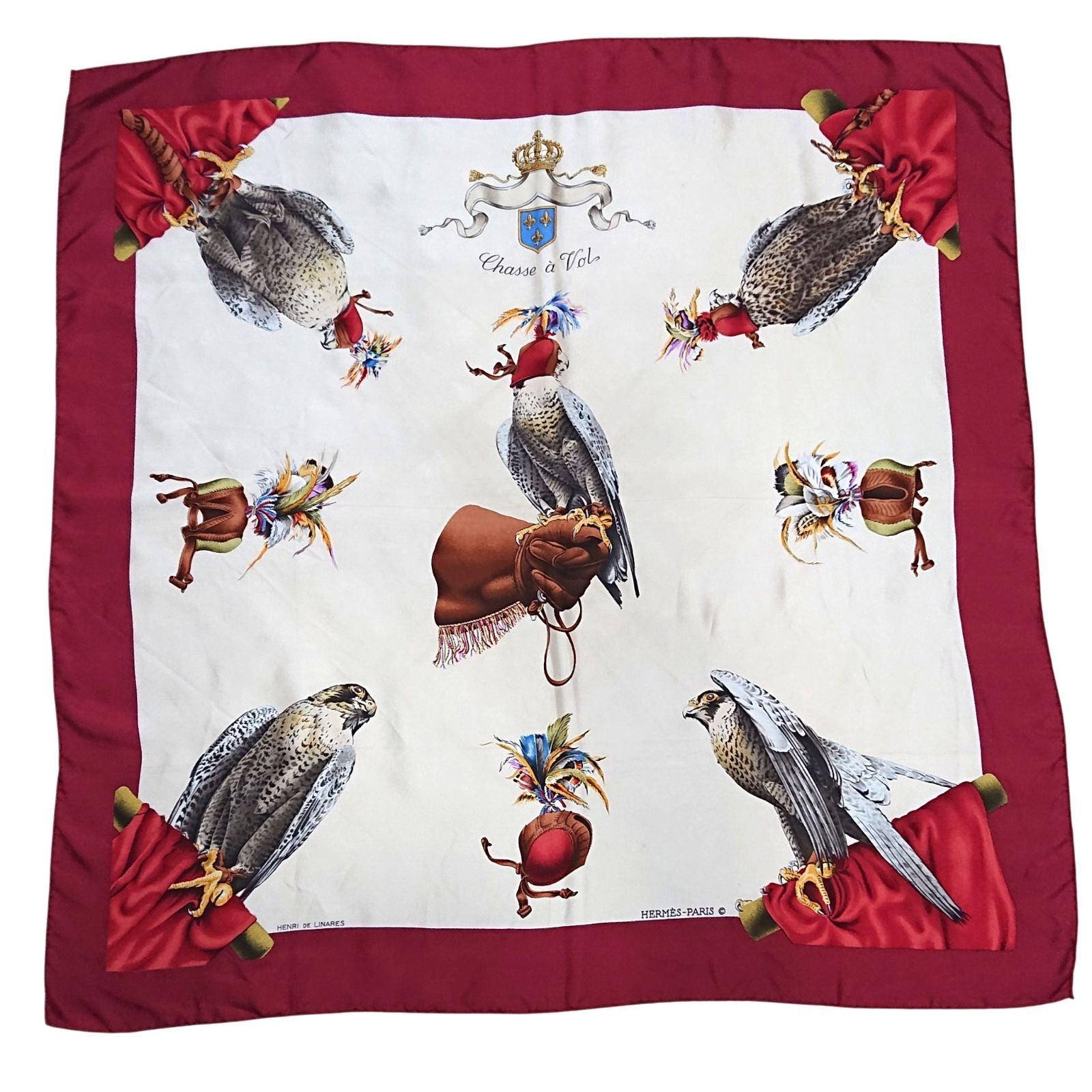 Hermes Carre 90 Chasse a Vol Hawk Print Silk Scarf Bordeaux White