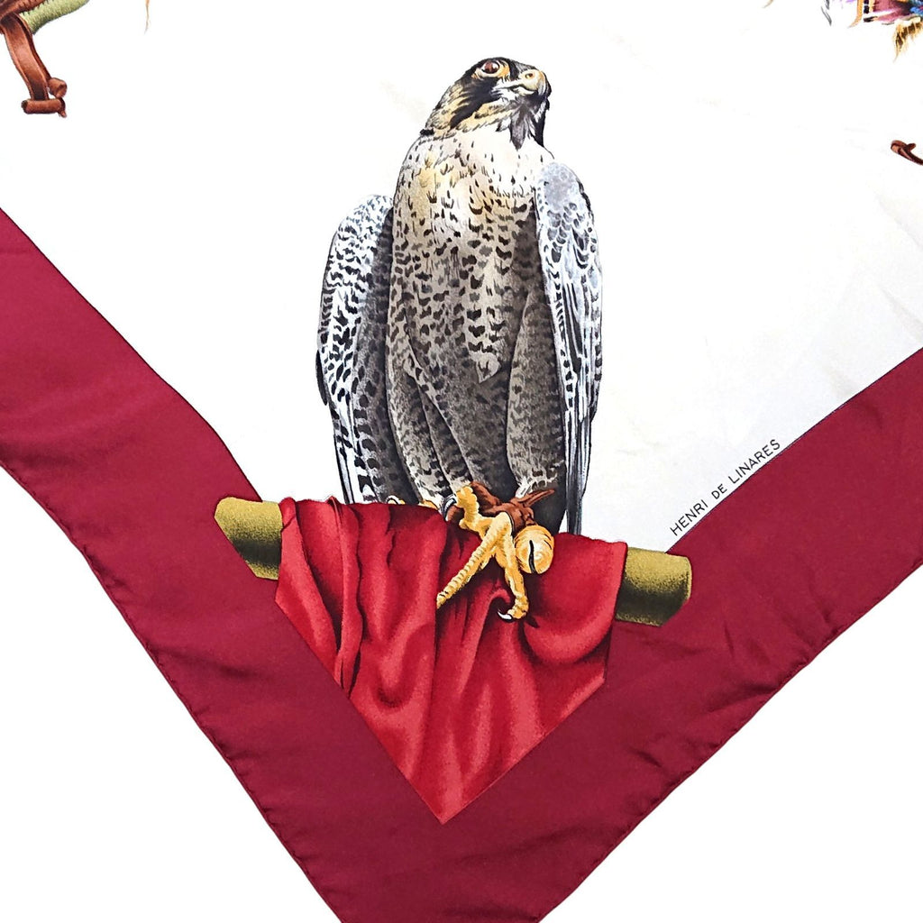 Hermes Carre 90 Chasse a Vol Hawk Print Silk Scarf Bordeaux White — view 6