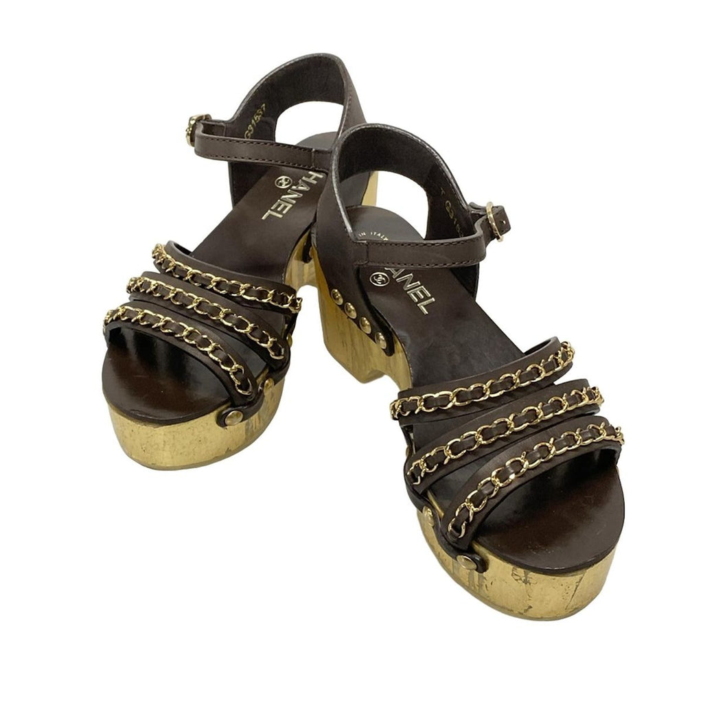 Chanel Sandals 35.5 Gold Dark Brown Wedge Sole Leather — view 2