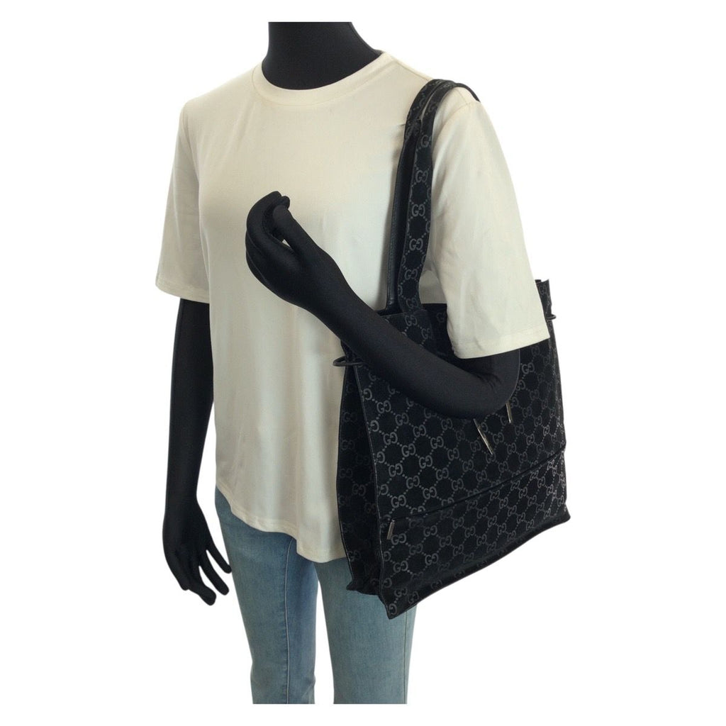 Gucci Vintage GG Pattern Black Silver Suede 002 Tote Shoulder — view 7