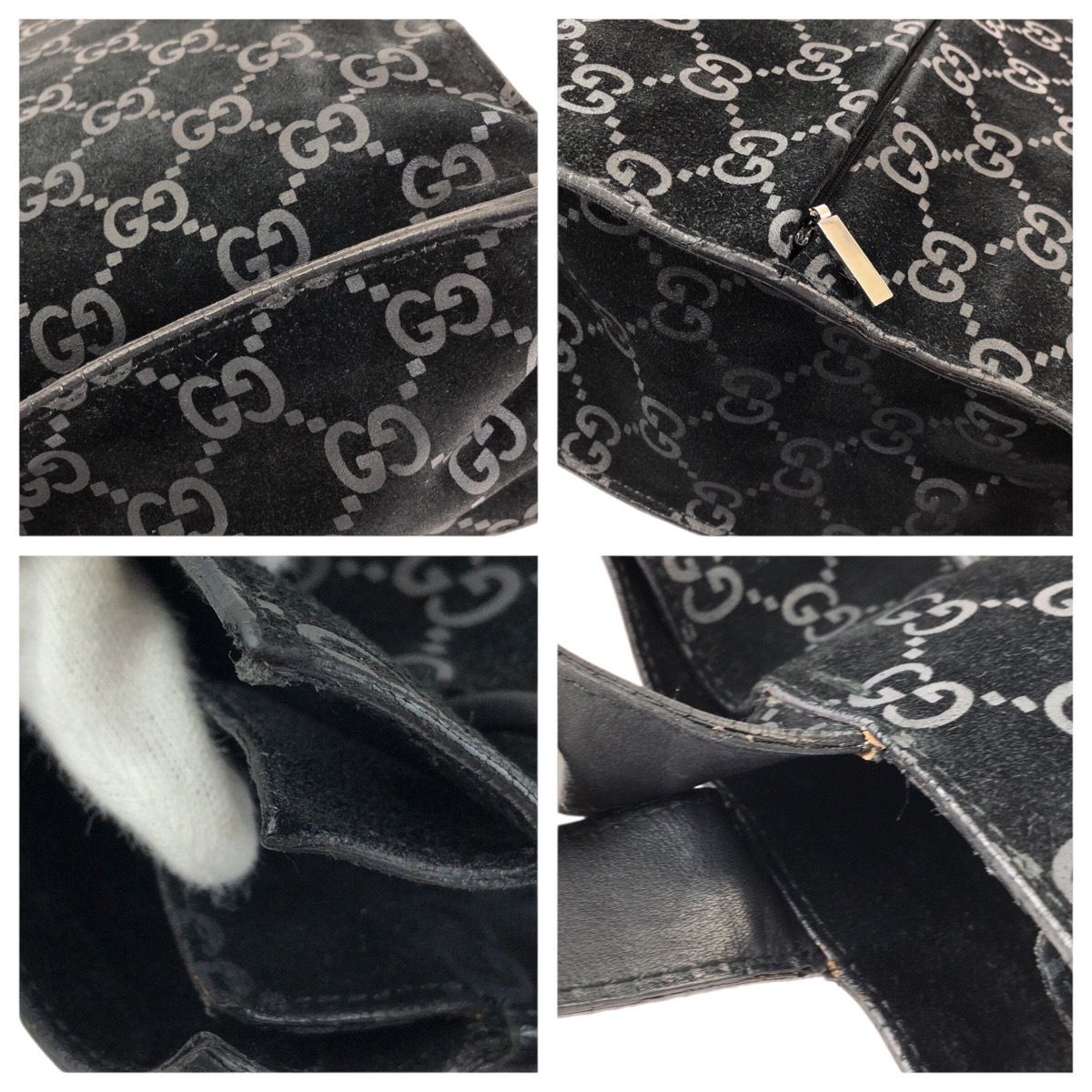 Gucci Vintage GG Pattern Black Silver Suede 002 Tote Shoulder — view 5