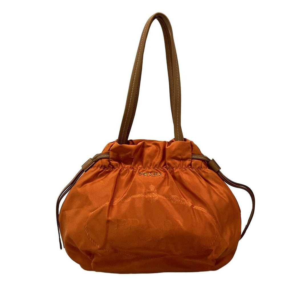 Prada Tote Logo Jacquard Orange Beige Leather Tag Drawstring