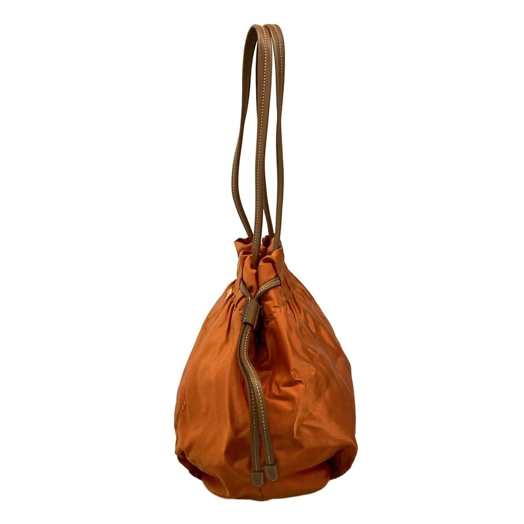 Prada Tote Logo Jacquard Orange Beige Leather Tag Drawstring — view 4