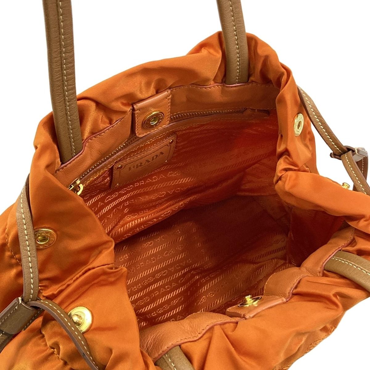 Prada Tote Logo Jacquard Orange Beige Leather Tag Drawstring — view 7