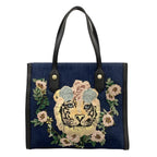 Gucci Tote Tiger Embroidery Navy Black Multi Flower Leather