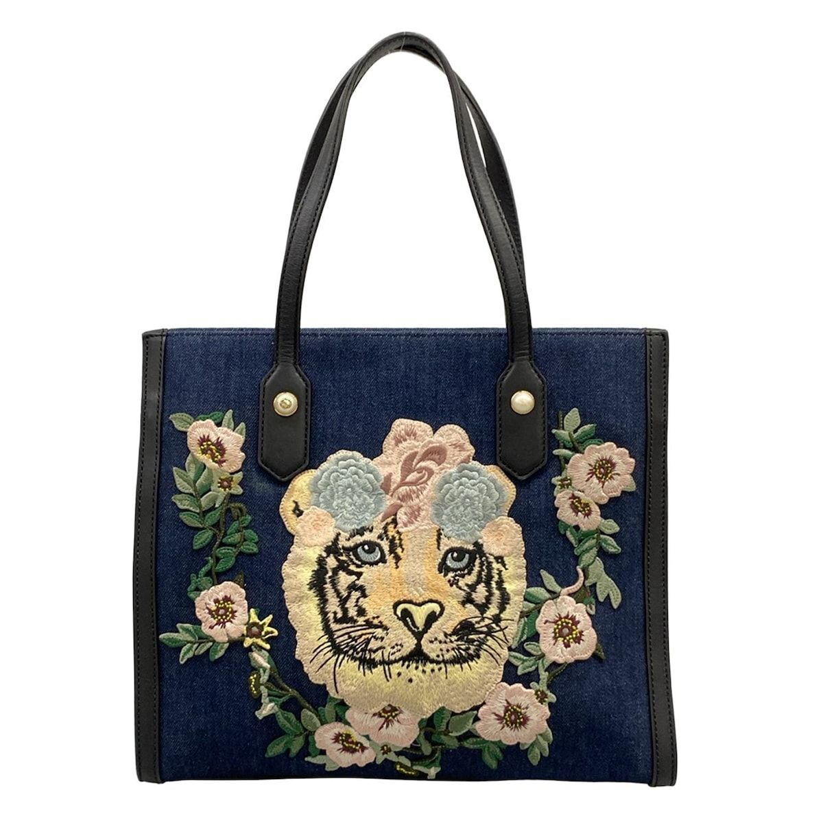 Gucci Tote Tiger Embroidery Navy Black Multi Flower Leather