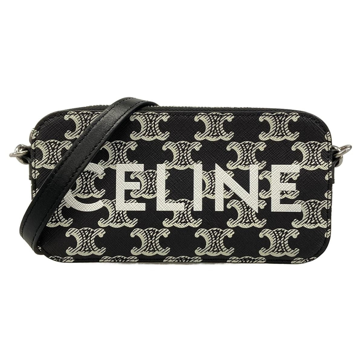 Celine Shoulder Bag Triomphe Canvas Black White Strap Detachable