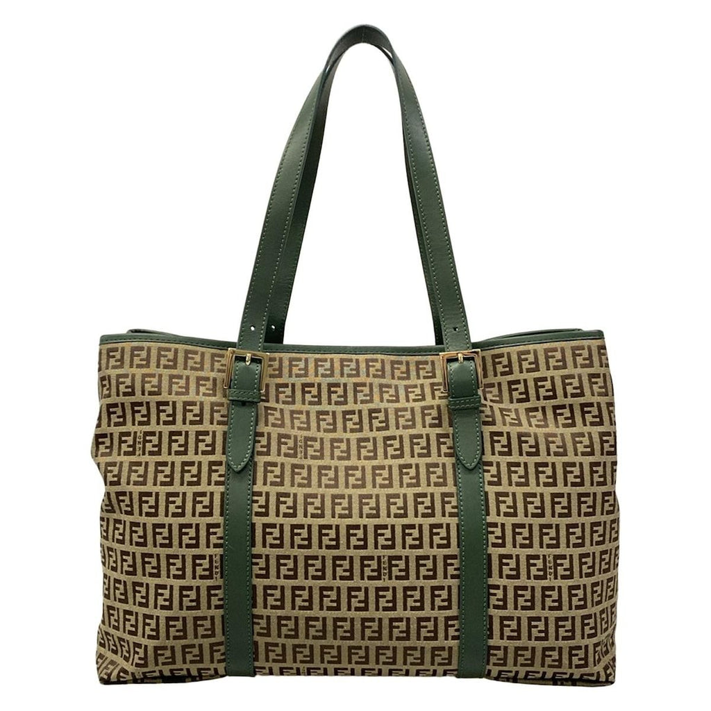 Fendi Tote Zucchino Pattern Green Dark Brown Beige Leather