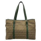 Fendi Tote Zucchino Pattern Green Dark Brown Beige Leather