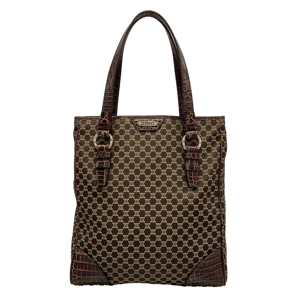 Celine Tote Macadam Pattern Dark Brown Beige Embossed Leather