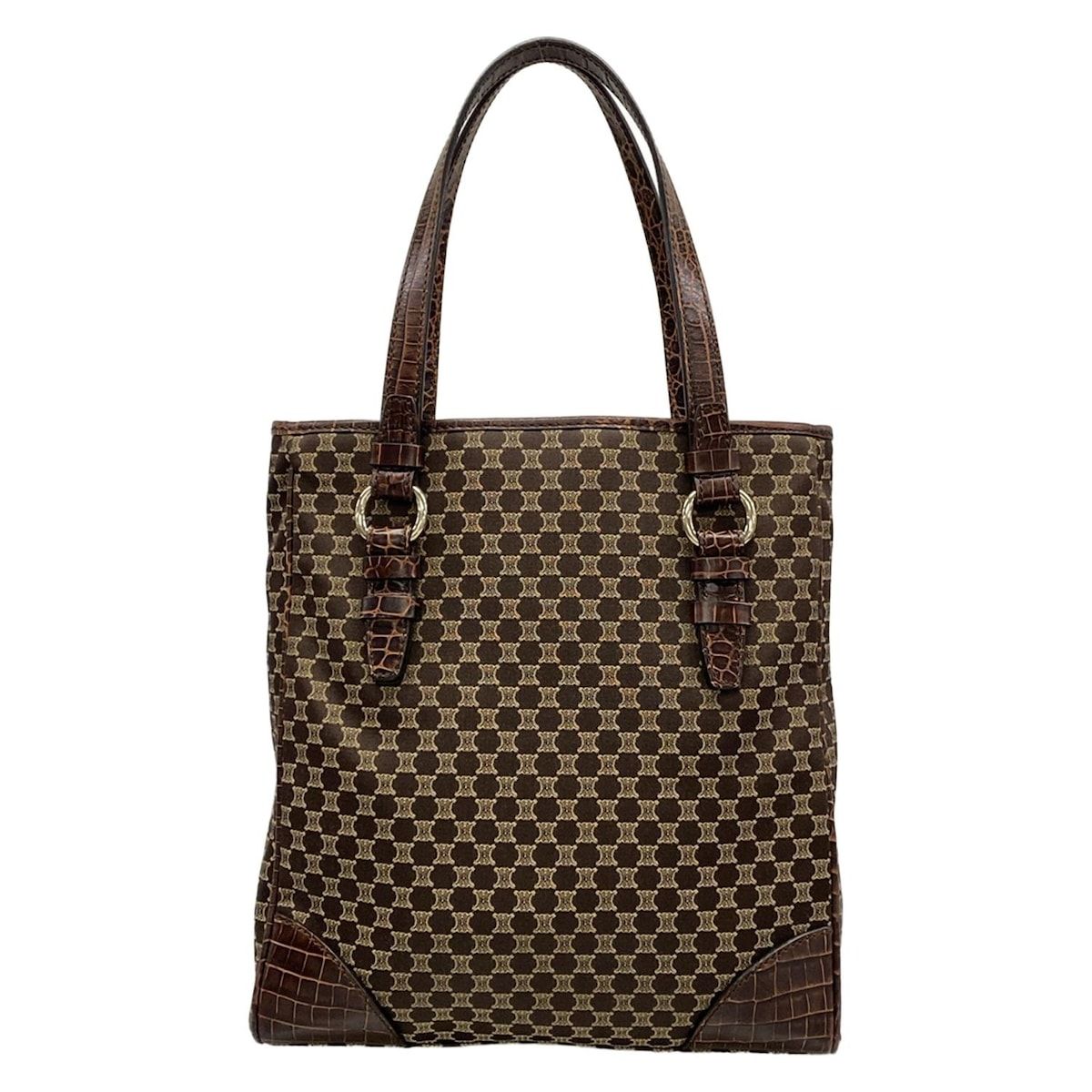 Celine Tote Macadam Pattern Dark Brown Beige Embossed Leather — view 3