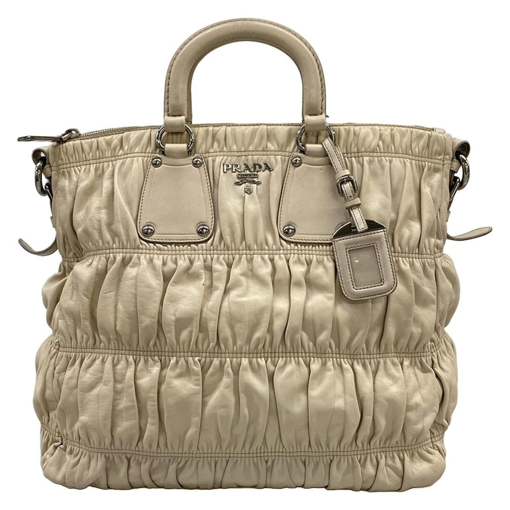 Prada Handbag Gather Bag Gray Beige Leather