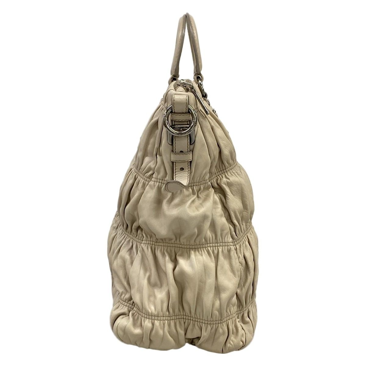Prada Handbag Gather Bag Gray Beige Leather — view 2