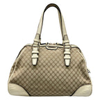 Celine Handbag Macadam Pattern Gray Beige Ivory Embossed Leather
