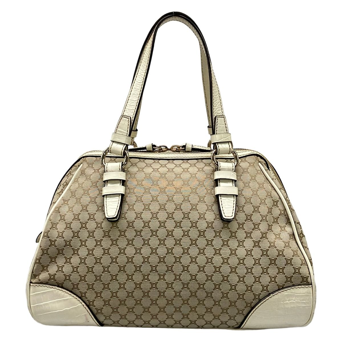 Celine Handbag Macadam Pattern Gray Beige Ivory Embossed Leather — view 3