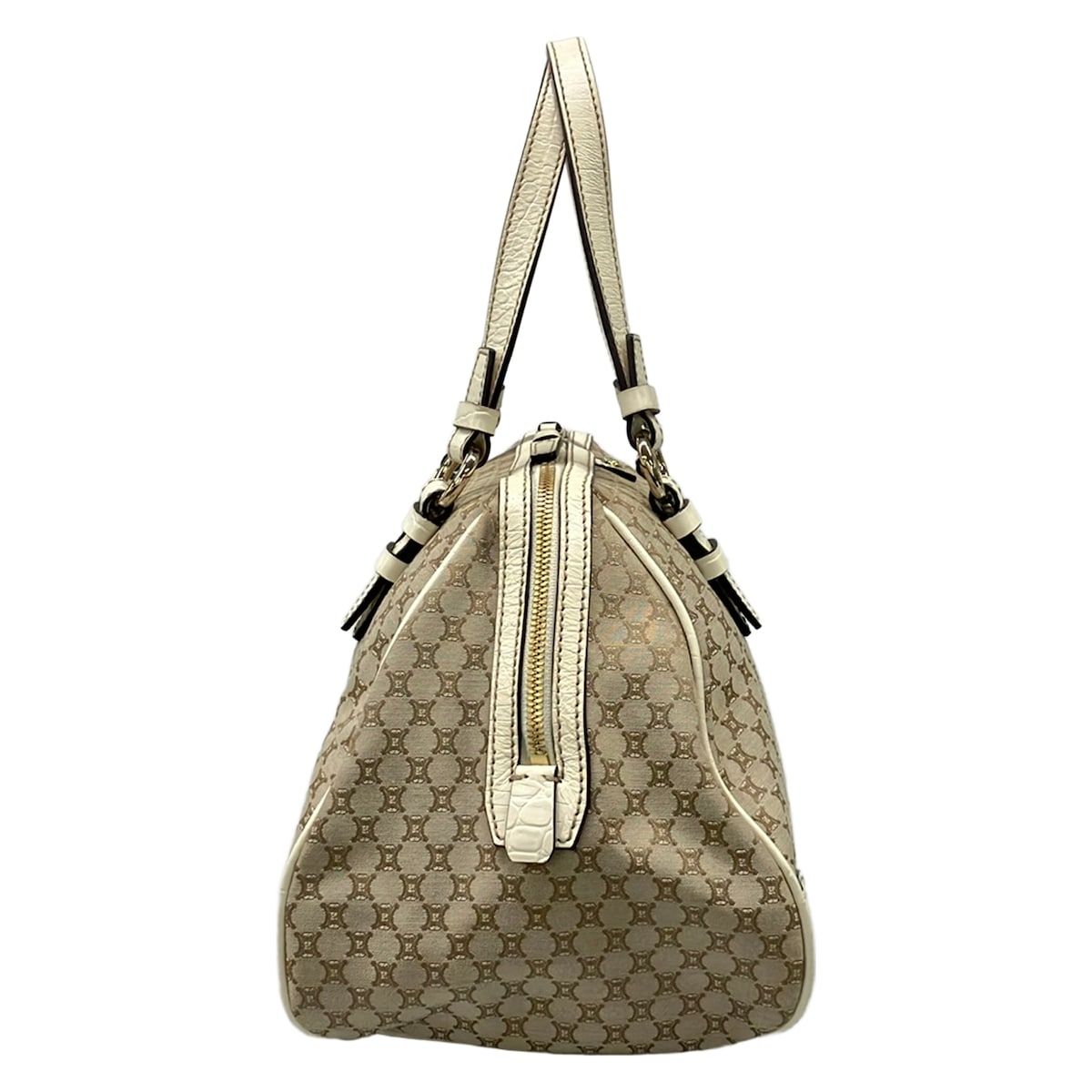 Celine Handbag Macadam Pattern Gray Beige Ivory Embossed Leather — view 2