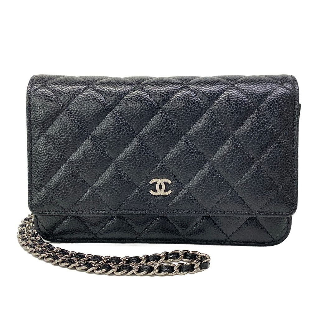 Chanel Wallet Quilted Black Chain Metal Silver Shoulder