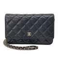Chanel Wallet Quilted Black Chain Metal Silver Shoulder