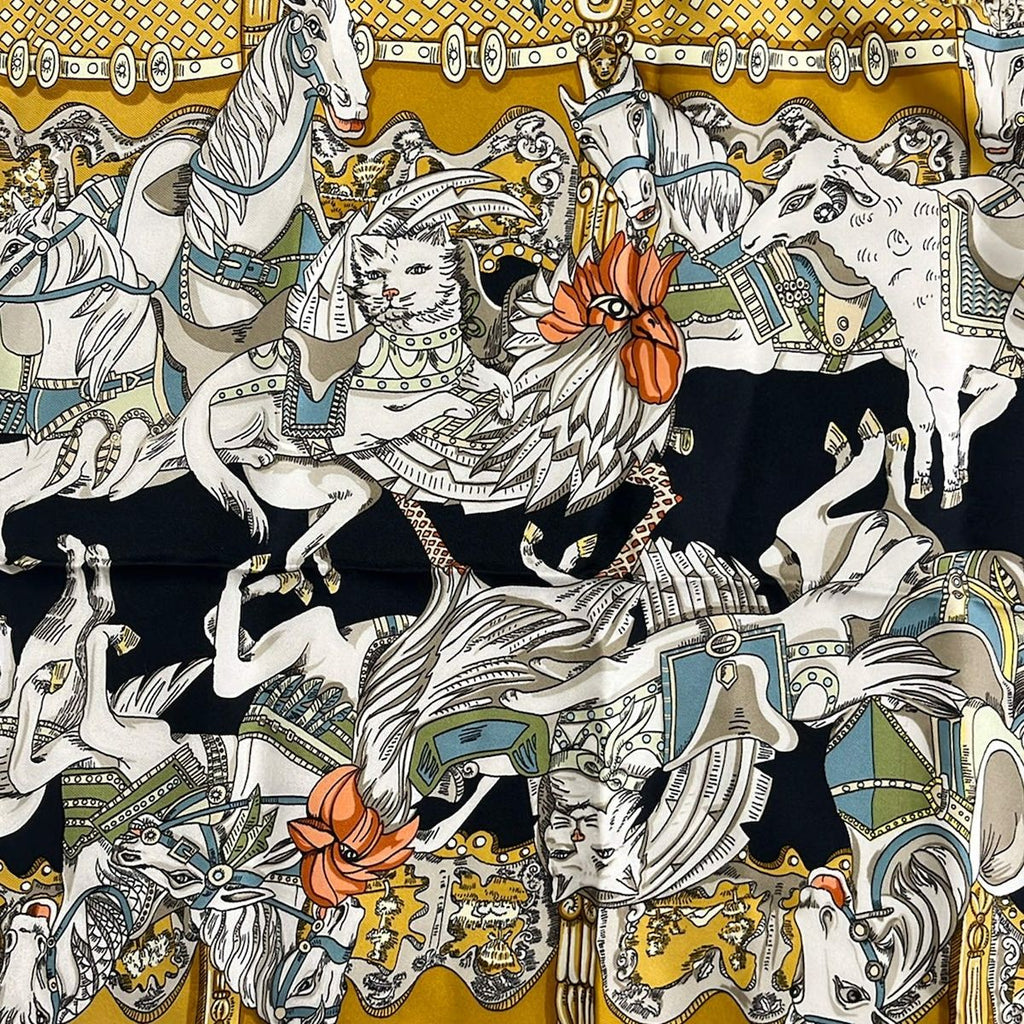Hermes Scarf Carre 90 Black Gold White Tournez Manege — view 4