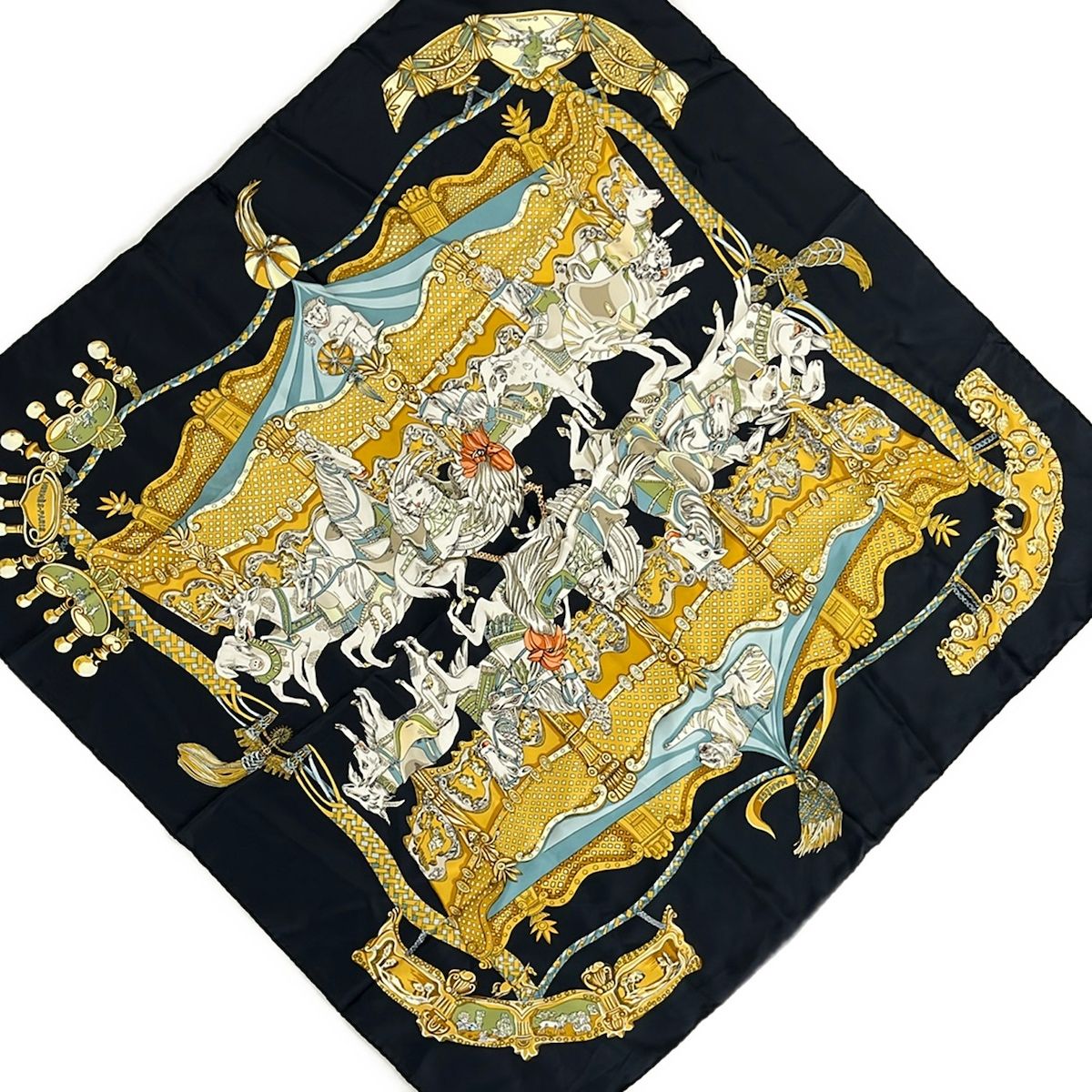 Hermes Scarf Carre 90 Black Gold White Tournez Manege